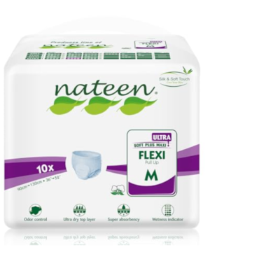 Pacote branco de fraldas Nateen Ultra Soft Plus Maxi Flexi tamanho M com detalhes em verde e roxo