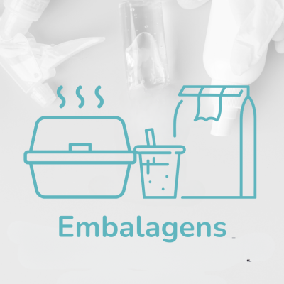 ícones azuis de embalagens com texto 'Embalagens' sobre fundo com luvas e tubos