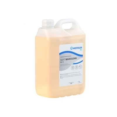 Frasco plástico amarelo claro com rótulo Mistolin Soft Maxclean