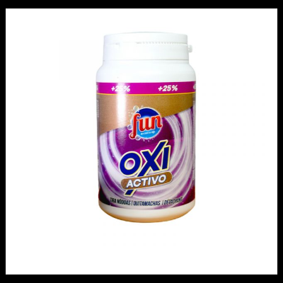Frasco branco de produto Fun Oxi Activo com rótulo castanho e roxo.