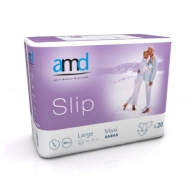 Embalagem de produtos para incontinência amd active medical distributio cor lilás e branca com casal e texto