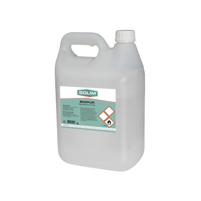 Recipiente plástico translúcido BIODPUR da SOLIM com rótulo e símbolos de perigo