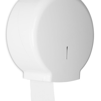 Dispenser branco redondo de parede para papel higiénico com papel pendurado