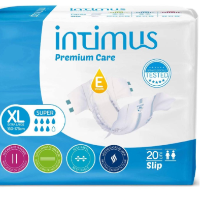 Embalagem de fraldas para adultos Intimus Premium Care XL com design azul e branco