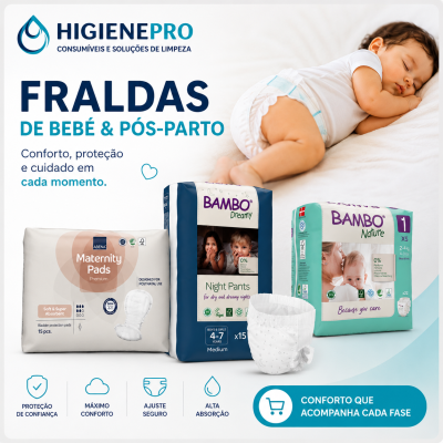 Promoção de fraldas BAMBO e pensos maternidade ABENA com bebé a dormir