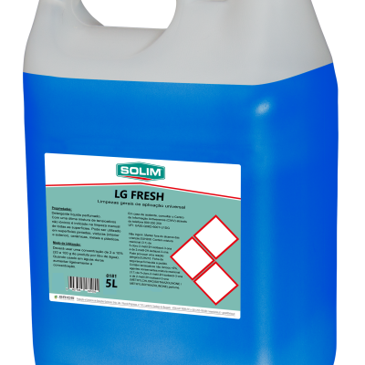 Recipiente azul de 5 litros com tampa branca e etiqueta do produto LG FRESH