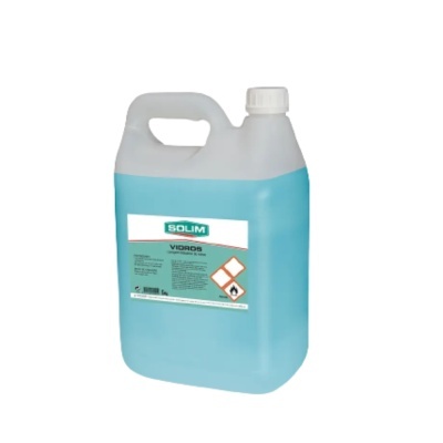 Recipiente plástico azul com etiqueta SOLIM VIGORIS e tampa branca