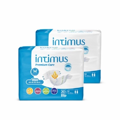 Pacote de pensos higiénicos Intimus Premium Care Slip, embalagem azul e branca