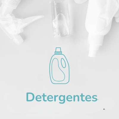 Garrafas para detergente em fundo branco com texto 'Detergentes' e ícone azul