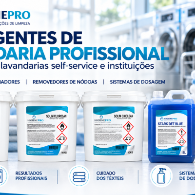 Produtos de detergentes profissionais para lavandaria da marca HIGIENEPRO com fundo de lavandaria e toalhas empilhadas