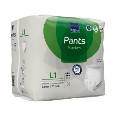 Embalagem branca e verde de fraldas absorventes para adultos Abena Pants Premium tamanho L1 Large com 15 unidades