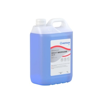 Recipiente plástico azul com etiqueta branca de produto de limpeza MISTOLIN BRIGHT MAXCLEAN
