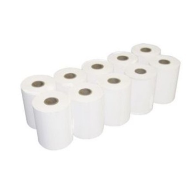 Dez rolos de papel térmico branco organizados em duas filas