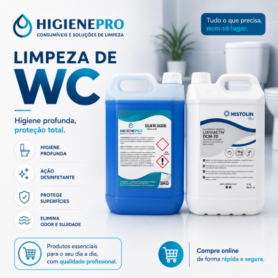 Dois galões de produtos de limpeza para WC em casa de banho com sanita e planta ao fundo