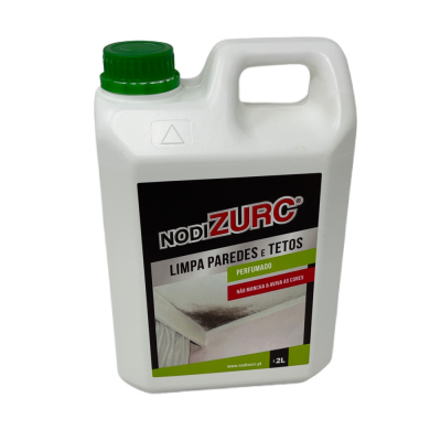 Recipiente plástico branco com tampa verde e rótulo de produto de limpeza