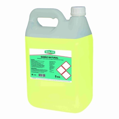 Recipiente plástico amarelo de 5 kg de sabão natural SOLIM com etiqueta verde e branca