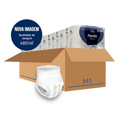 Pacote de fraldas tipo cueca Pants ABENA com embalagem branca e azul no cartão aberto