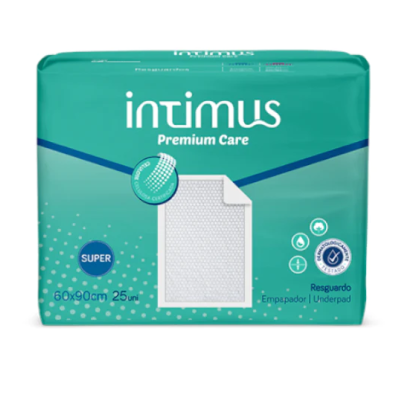 Embalagem verde-azulada Intimus Premium Care com imagem do produto interno branco hexagonal.