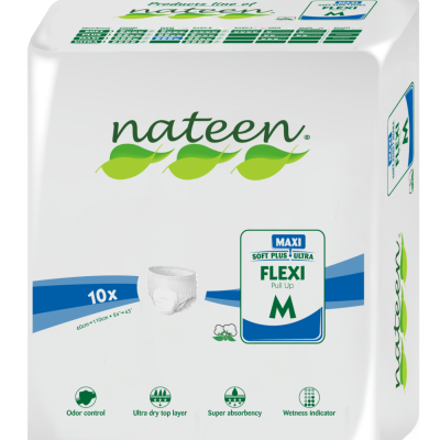 Pacote branco de fraldas Nateen Flexi Pull Up Maxi M com ícones de funcionalidades