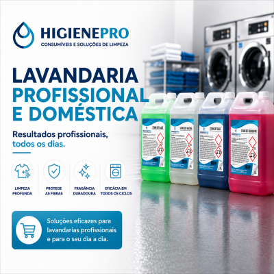 Garrafões de detergentes coloridos para lavanderia profissional num ambiente de lavandaria com máquinas