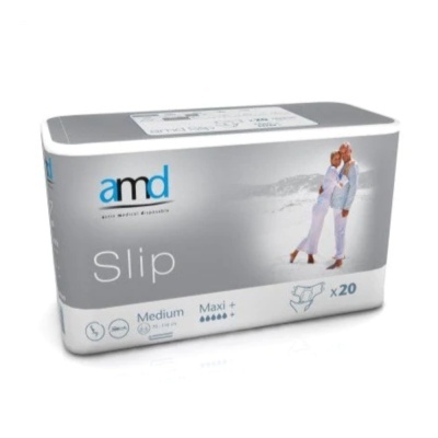 Embalagem cinza e branca de fraldas para adultos AMD Slip com imagem de casal