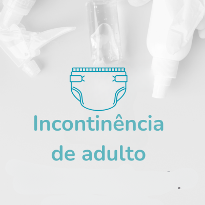 Texto 'Incontinência de adulto' com ícone de fralda e produtos médicos ao fundo