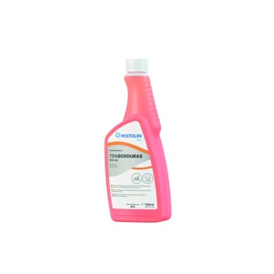 Frasco rosa de produto de limpeza MISTOLIN Tragoduras com rótulo branco