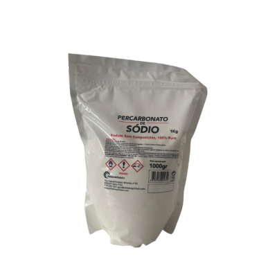 Embalagem branca de Percarbonato de Sódio 1 kg com texto e símbolos de perigo