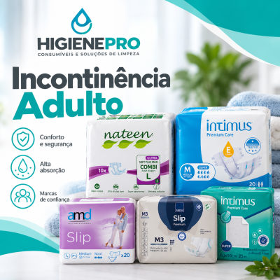 Produtos para incontinência adulta de várias marcas em embalagem sobre mesa com plantas ao fundo
