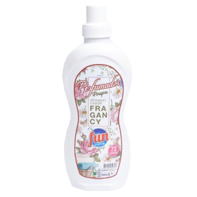 Frasco branco de perfume para roupa Fun com rótulo floral e texto FRAGANCY