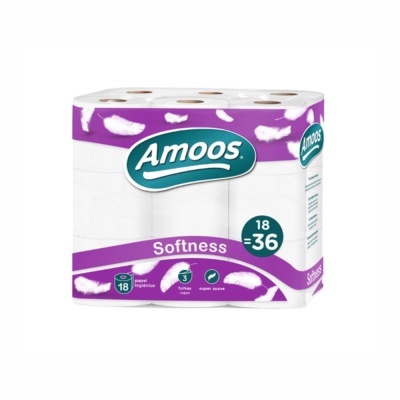Pack de papel higiénico Amoos Softness com 18 rolos na embalagem branca com detalhes roxos e azul