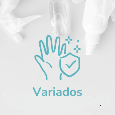 Ícones de mão e escudo com visto, texto Variados, frascos plásticos e de vidro ao fundo