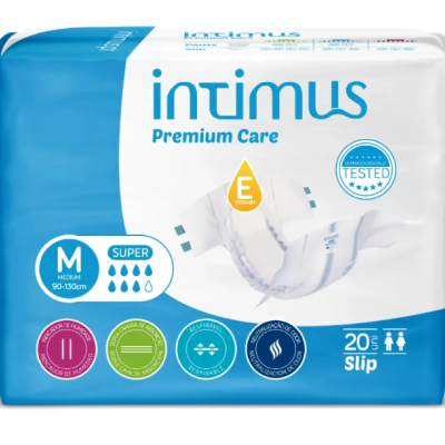 Embalagem de fraldas para adultos Intimus Premium Care tamanho M com 20 unidades e características de absorção e conforto