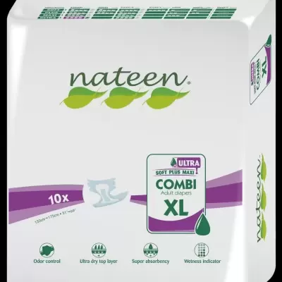 Pacote branco de fraldas para adultos Nateen Combi XL com detalhes em verde e roxo
