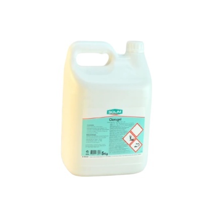 Recipiente plástico branco com etiqueta azul e branca Clorogel da marca BOLIM