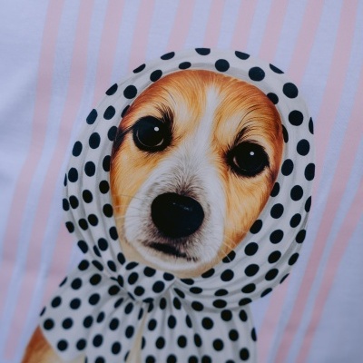 T-shirt branca com estampa de cão com lenço de bolinhas.