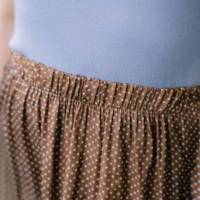 Cintura de saia castanha com bolinhas brancas e camisola azul clara de malha