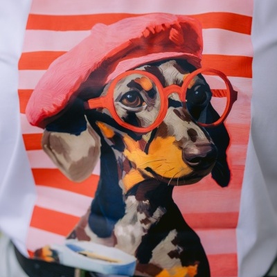 T-shirt branca com estampa de cão com óculos e boina vermelha sobre fundo listrado rosa e vermelho