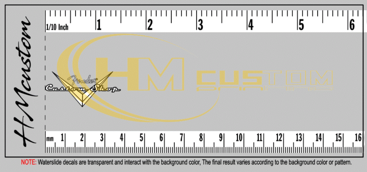 Decalque waterslide Custom Shop Strat Régua de medição com escala em polegadas, marca HMeustom e aviso em inglês