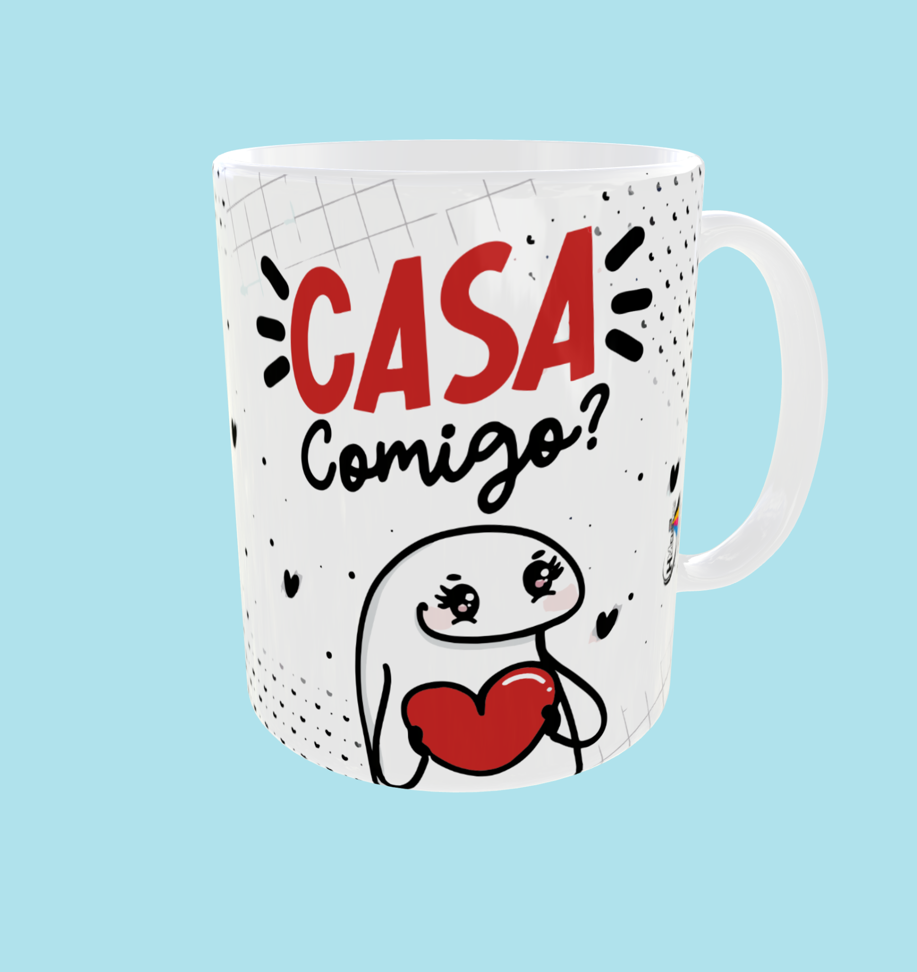 Caneca Limpa a ... Casa comigo Caneca branca com frase 'CASA comigo?' e personagem segurando coração vermelho