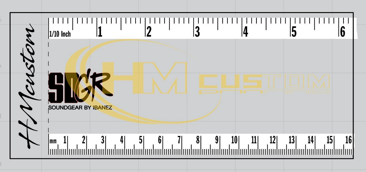 Logo IBANEZ SDGR em WaterSlide Régua transparente com marcas de medidas e textos H. Maustow, SLICKER, HM CUSTOM