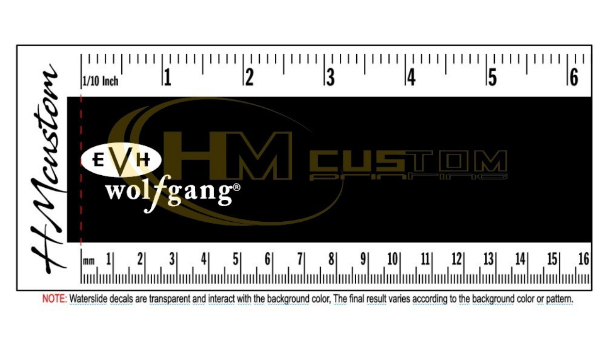 Decalque waterslide Peavey EVH Wolfgang Régua transparente com marcas em polegadas e centímetros e logótipos