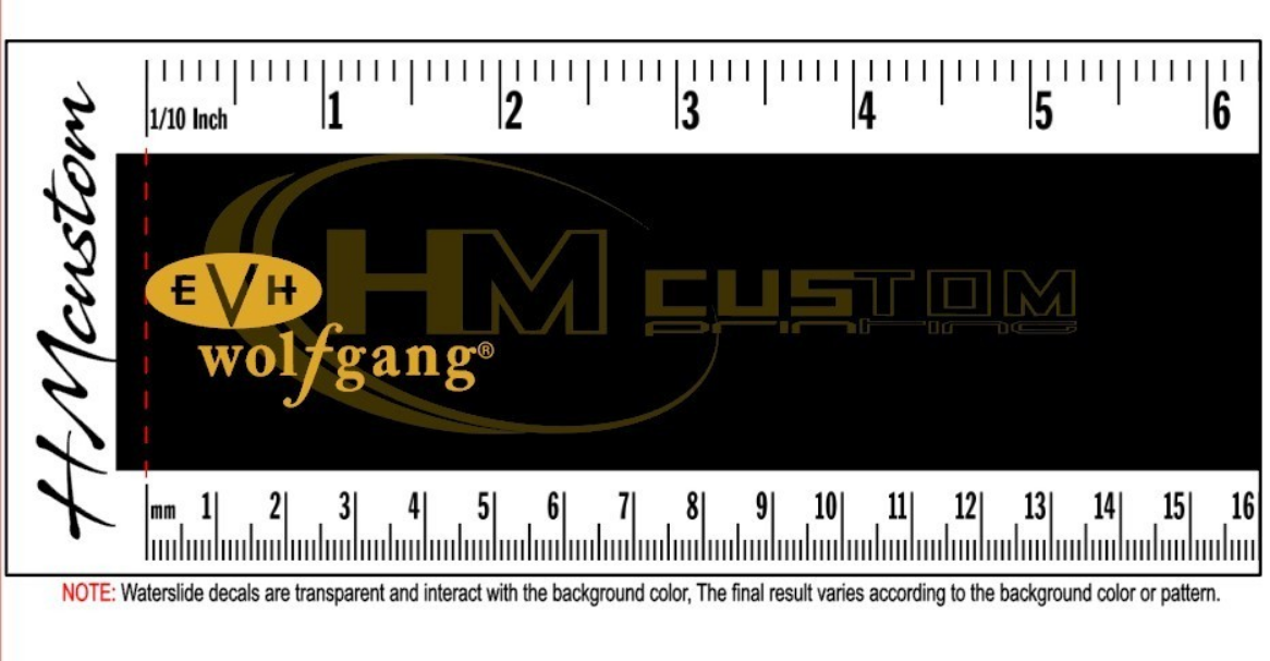 Decalque waterslide Peavey EVH Wolfgang Decalque para guitarra preta com texto e régua de medição