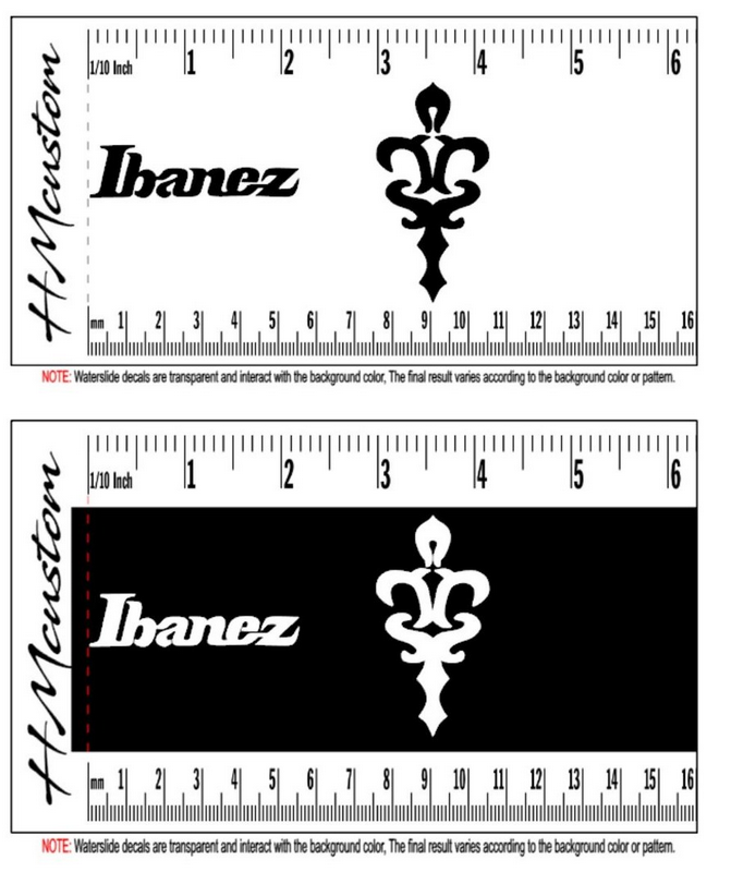 Ibanez AG95QA Artcore Decalque Waterslide Duas réguas métricas com decalques Ibanez em branco e preto