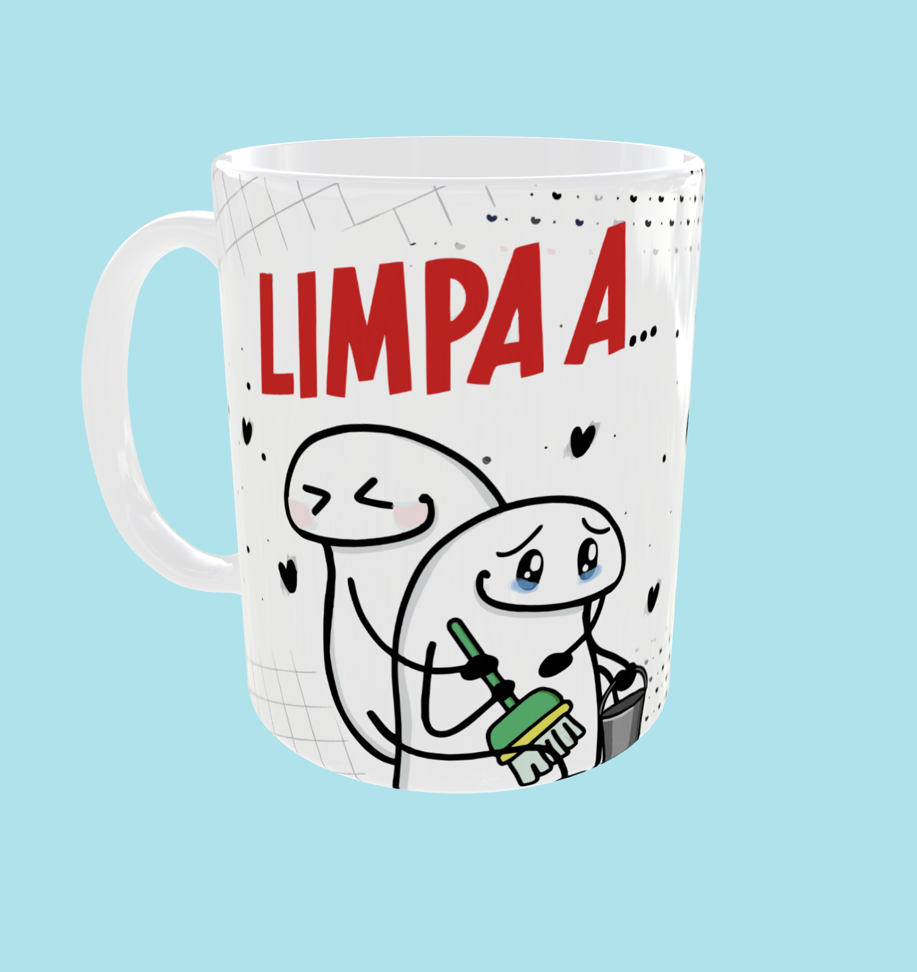 Caneca Limpa a ... Casa comigo Caneca branca em cerâmica com estampa animada e texto em vermelho