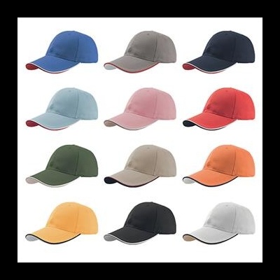 Doze bonés coloridos com abas curvas e bordas contrastantes em fundo branco