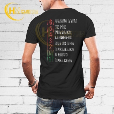 Homem de costas com t-shirt preta com texto colorido nas costas, parede branca de tijolos ao fundo