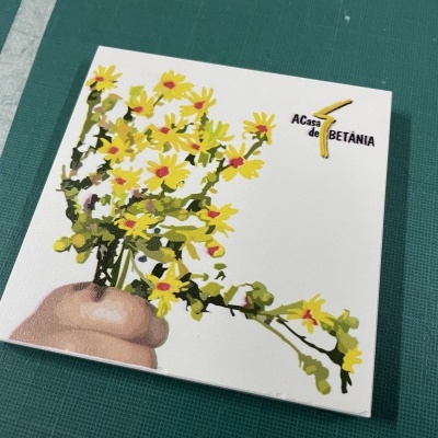 Caixa branca com ramo de flores amarelas e texto A Casa de BETÂNIA