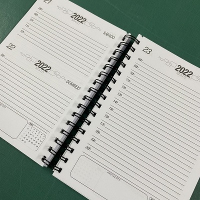 Agenda diária espiralada aberta mostrando datas de 21, 22 e 23 de 2022 em fundo verde