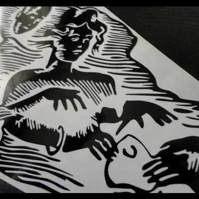 Adesivo preto e branco com ilustração de duas figuras humanas estilizadas